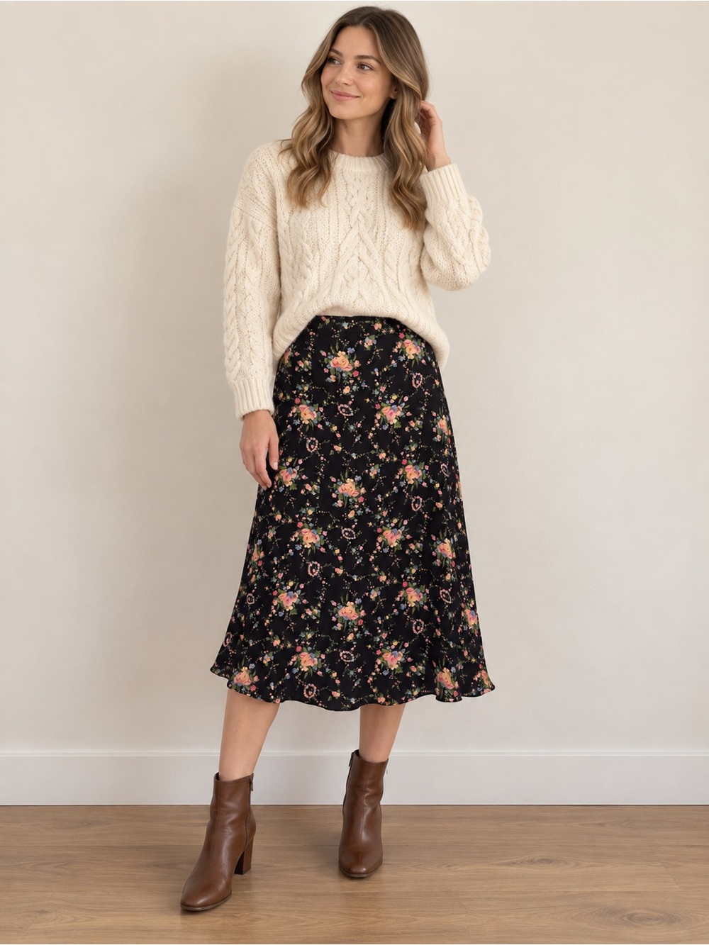 Lauren Ralph Lauren 100% Silk Black Floral Midi Skirt Size 10 Cottagecore